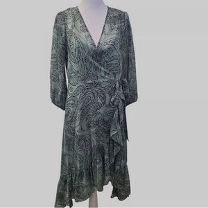Calvin Klein Women's Green Floral Print High Low Dress Size 12 Sheer Sleeve.